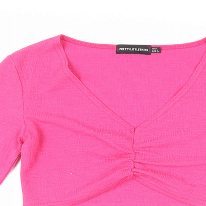 PRETTYLITTLETHING Womens Pink Polyester Cropped Blouse Size 8 V-Neck