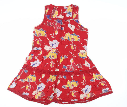 NEXT Womens Red Floral Cotton Fit & Flare Size 12 V-Neck Pullover