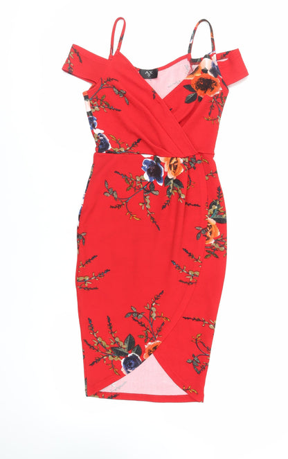 AX Paris Womens Red Floral Polyester Pencil Dress Size 8 Off the Shoulder Pullover