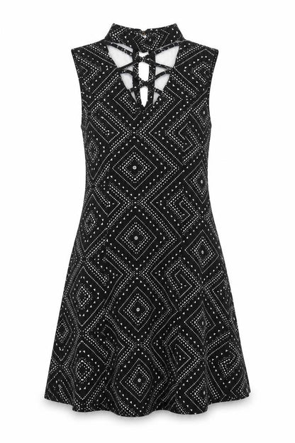 Blue Vanilla Womens Black Geometric Polyester Skater Dress Size 12 Halter Button