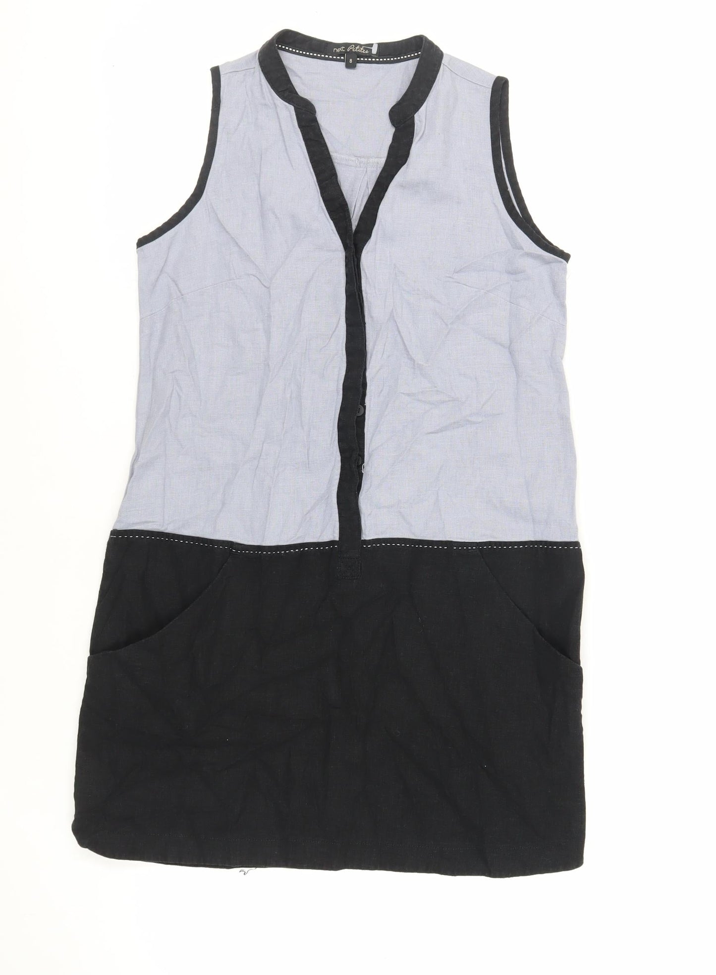 NEXT Womens Blue Colourblock Linen Sheath Size 8 V-Neck Pullover - Pockets