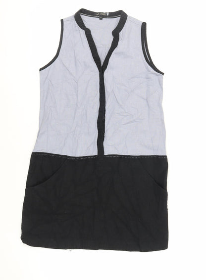 NEXT Womens Blue Colourblock Linen Sheath Size 8 V-Neck Pullover - Pockets