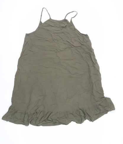 Marks and Spencer Womens Green Viscose Slip Dress Size 12 Round Neck Pullover - Ruffle Pockets