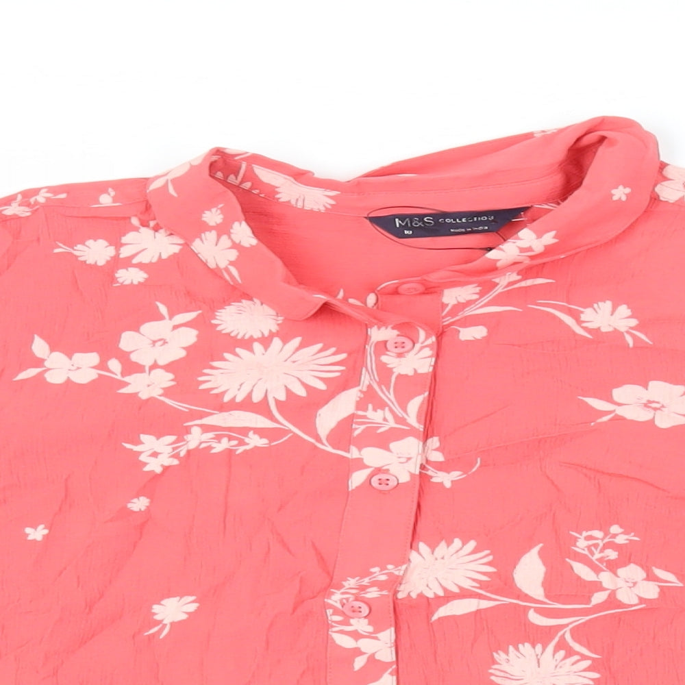 Marks and Spencer Womens Pink Floral Viscose Basic Button-Up Size 10 Collared