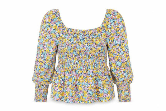 Marks & Spencer Womens Multicoloured Floral Cotton Basic Blouse Size 6 Square Neck - Shirred
