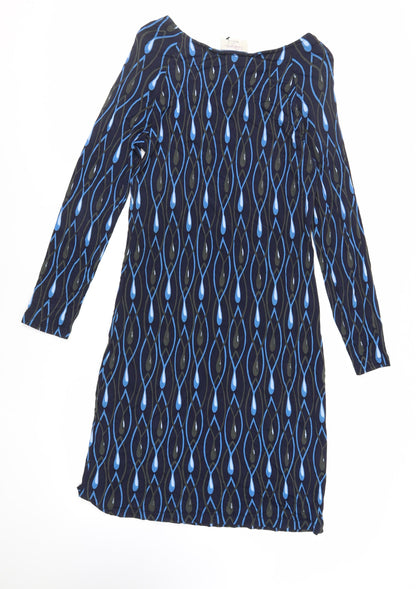 Allegra Womens Blue Geometric Viscose A-Line Size S Boat Neck Pullover