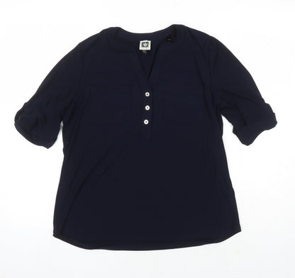 Anna Klein Womens Blue Polyester Tunic Blouse Size L V-Neck