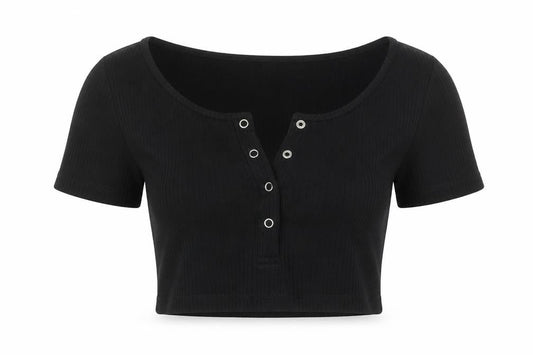 Front view of ASOS women’s black viscose cropped t-shirt, size UK 12, v-neck
