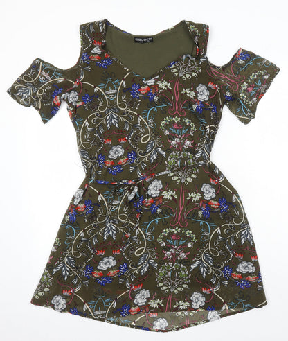 Select Womens Multicoloured Floral Polyester A-Line Size 12 Square Neck - Cold Shoulder