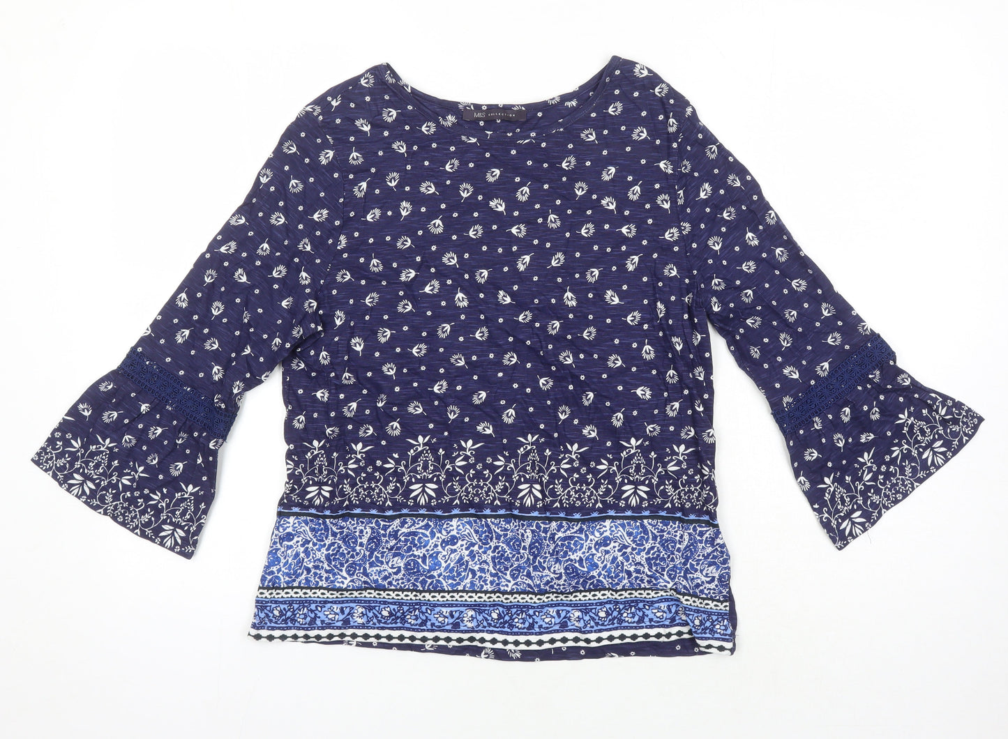 M&S Womens Blue Geometric 100% Cotton Tunic Blouse Size 8 Boat Neck