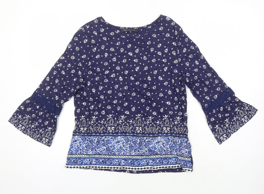 M&S Womens Blue Geometric 100% Cotton Tunic Blouse Size 8 Boat Neck