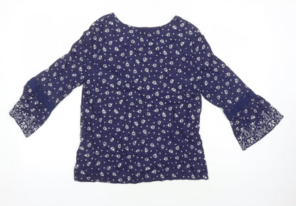 M&S Womens Blue Geometric 100% Cotton Tunic Blouse Size 8 Boat Neck