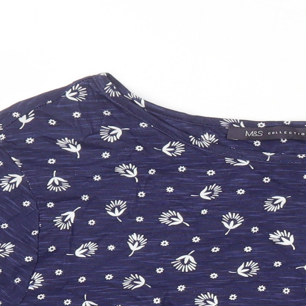 M&S Womens Blue Geometric 100% Cotton Tunic Blouse Size 8 Boat Neck