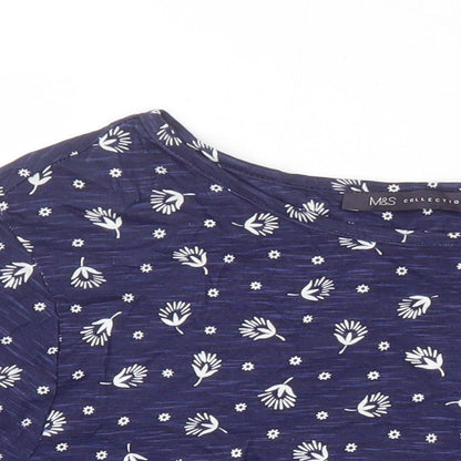 M&S Womens Blue Geometric 100% Cotton Tunic Blouse Size 8 Boat Neck