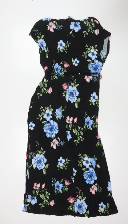 Dorothy Perkins Womens Black Floral Viscose Maxi Size 14 V-Neck Pullover