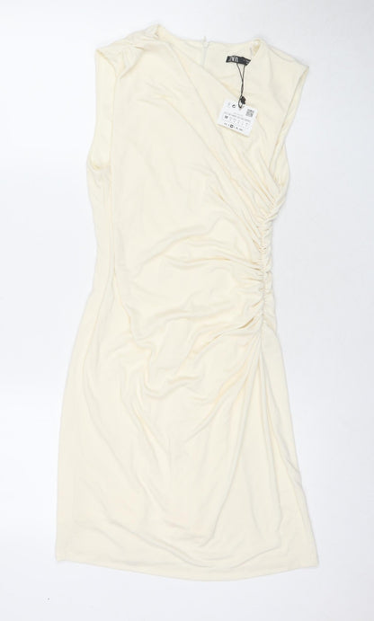 Zara Womens Ivory Polyester A-Line Size M Round Neck Zip