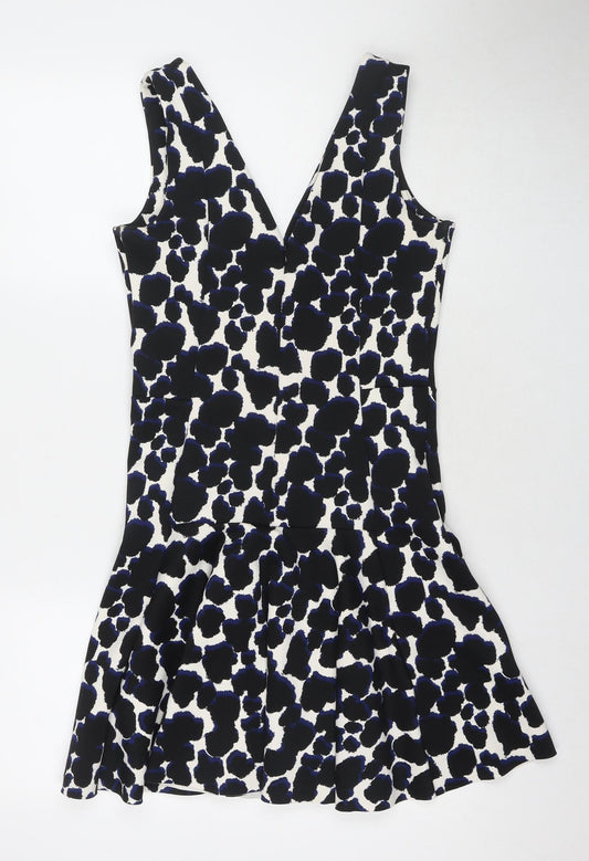 NEXT Womens Black Geometric Polyester Fit & Flare Size 8 V-Neck Zip