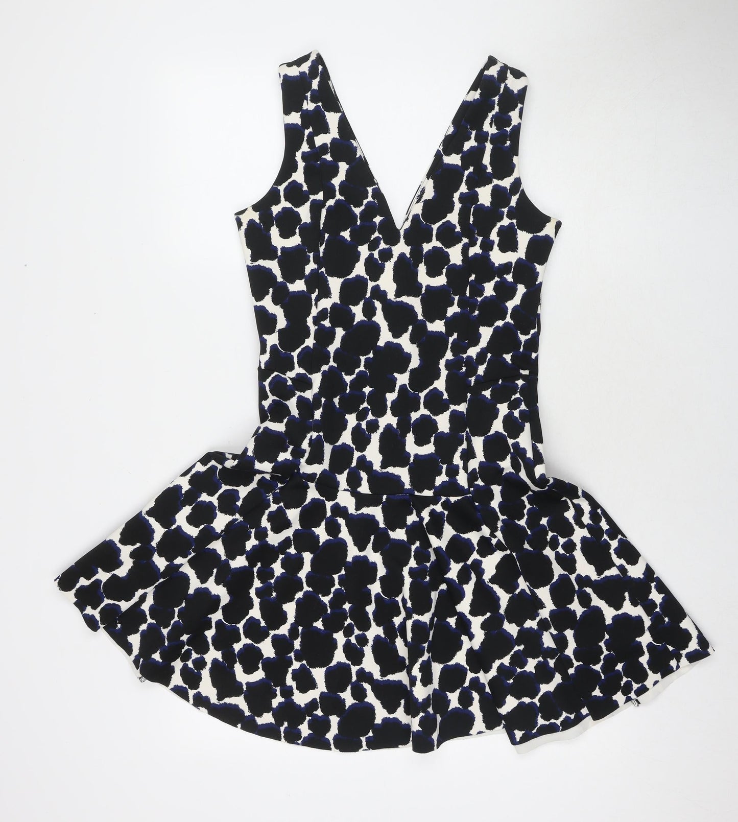 NEXT Womens Black Geometric Polyester Fit & Flare Size 8 V-Neck Zip