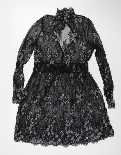 NEXT Womens Black Floral Nylon Fit & Flare Size 10 Round Neck Pullover