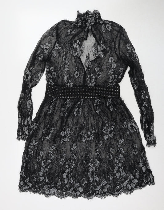 NEXT Womens Black Floral Nylon Fit & Flare Size 10 Round Neck Pullover