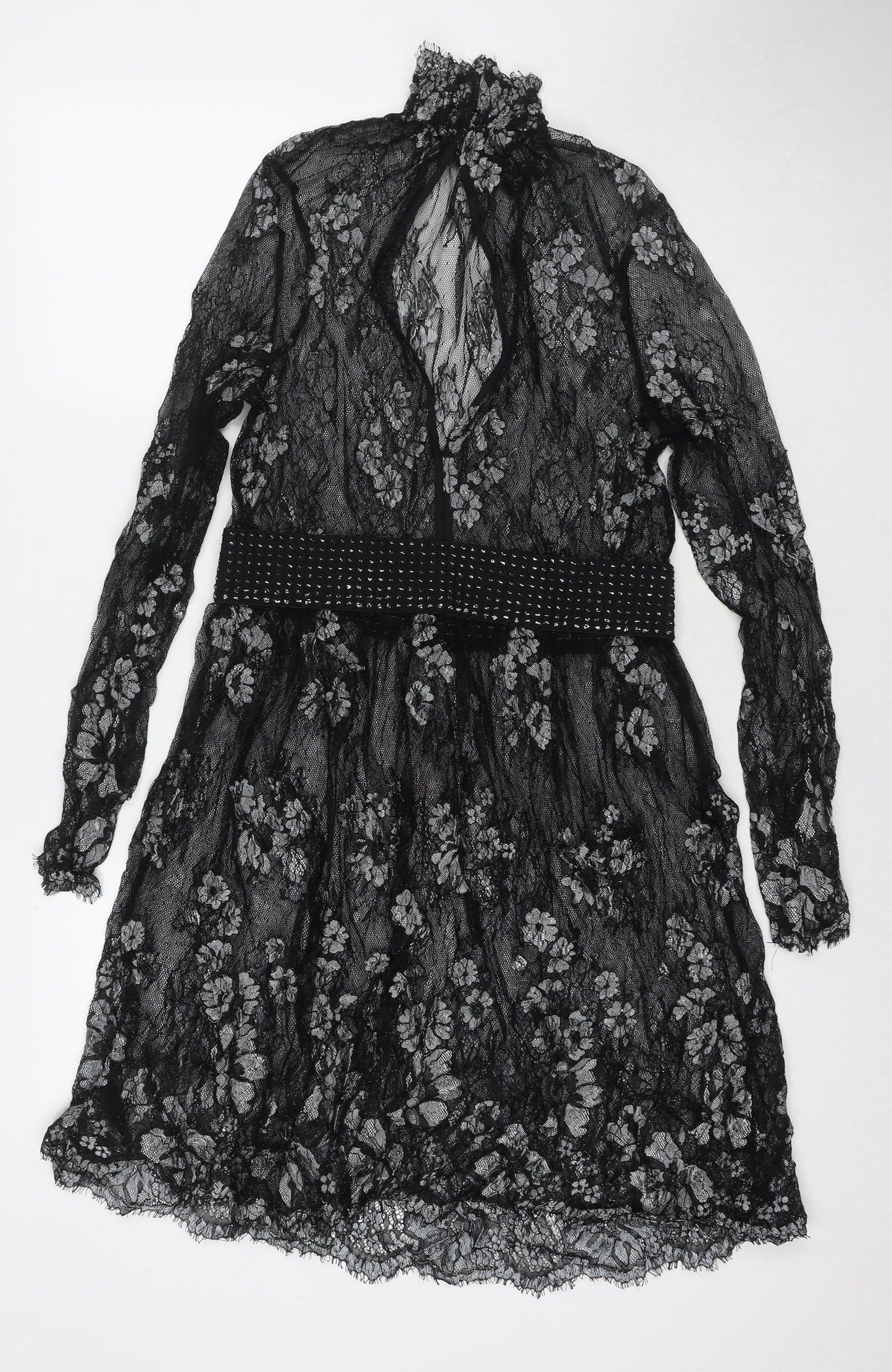 NEXT Womens Black Floral Nylon Fit & Flare Size 10 Round Neck Pullover