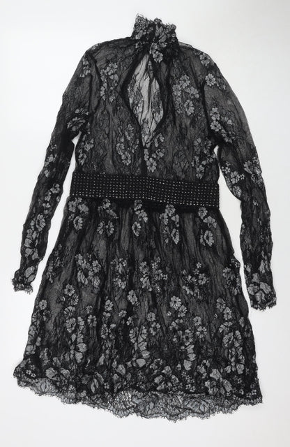 NEXT Womens Black Floral Nylon Fit & Flare Size 10 Round Neck Pullover
