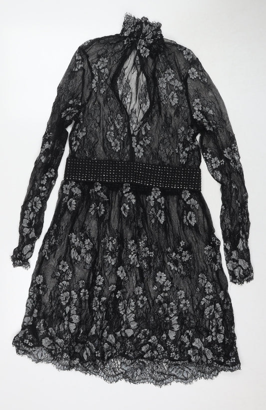 NEXT Womens Black Floral Nylon Fit & Flare Size 10 Round Neck Pullover