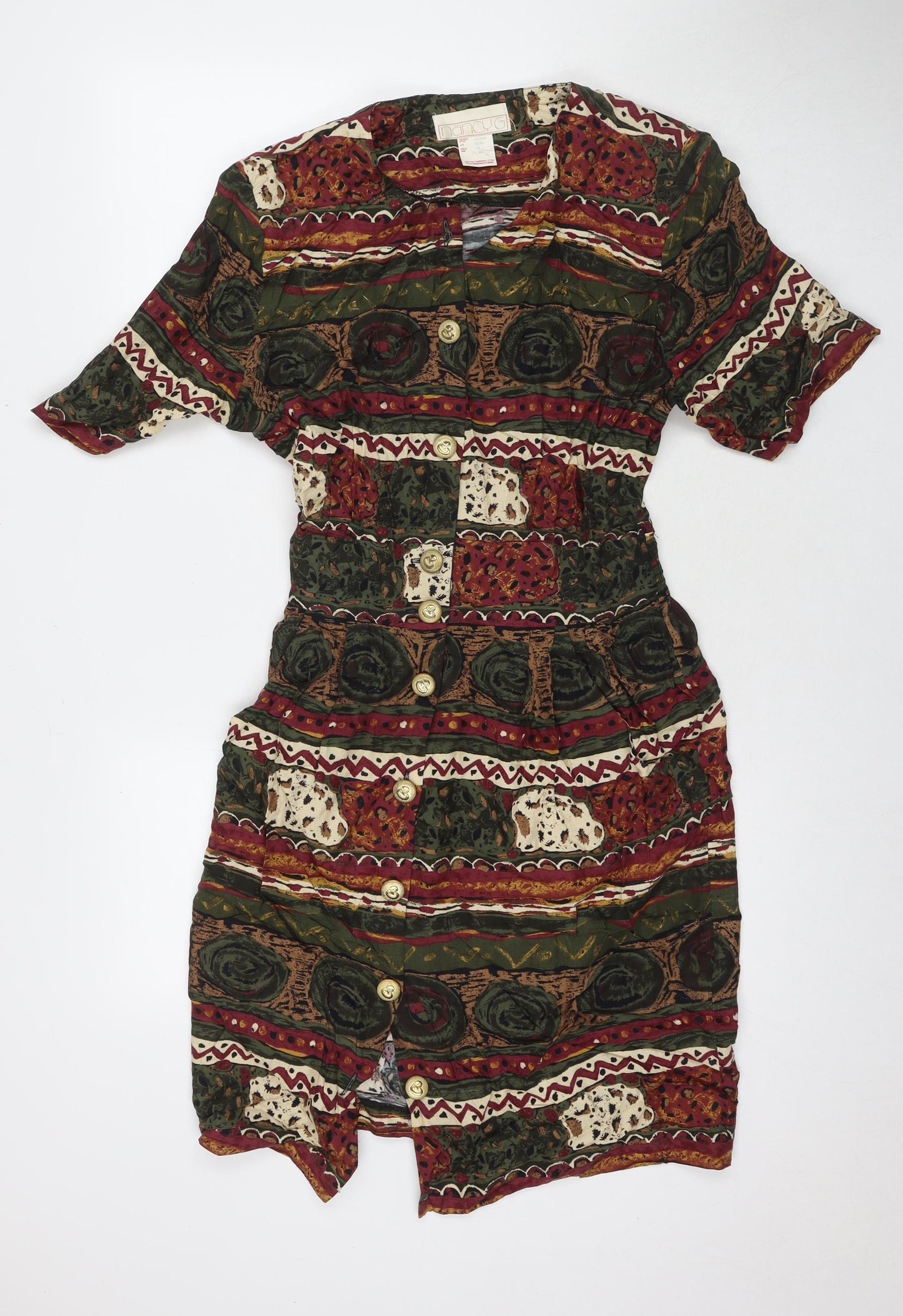 Nancy G Womens Multicoloured Geometric Viscose Shirt Dress Size 12 V-Neck Button