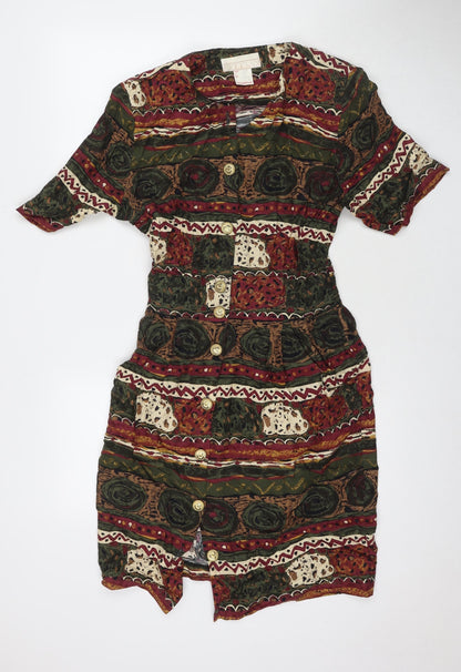 Nancy G Womens Multicoloured Geometric Viscose Shirt Dress Size 12 V-Neck Button