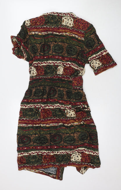 Nancy G Womens Multicoloured Geometric Viscose Shirt Dress Size 12 V-Neck Button