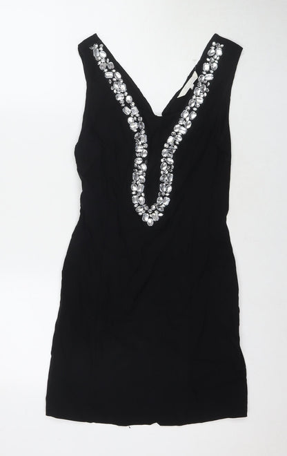 Julien Macdonald Womens Black Viscose Bodycon Size 14 V-Neck Zip - Jeweled Detail