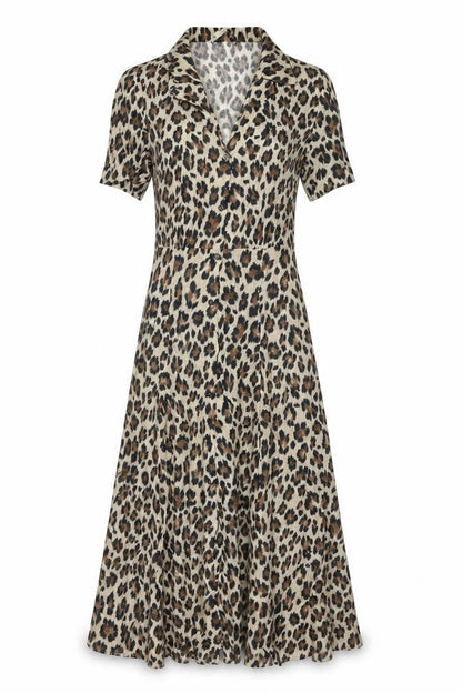 Mango Womens Beige Animal Print Viscose Maxi Size S Collared Button