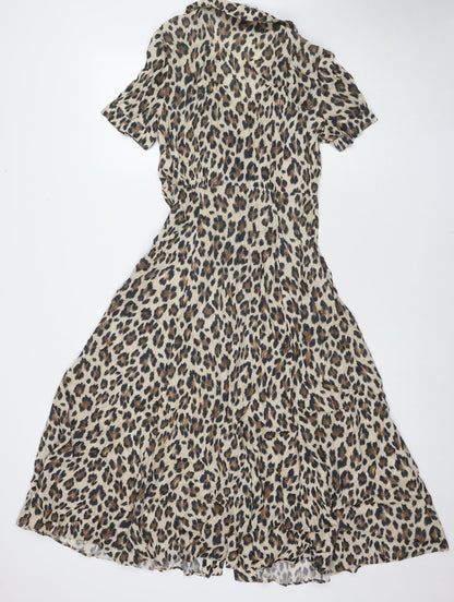 Mango Womens Beige Animal Print Viscose Maxi Size S Collared Button