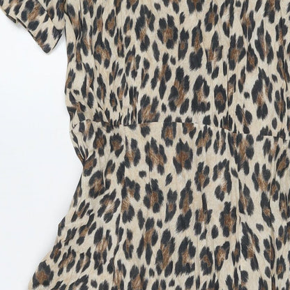 Mango Womens Beige Animal Print Viscose Maxi Size S Collared Button