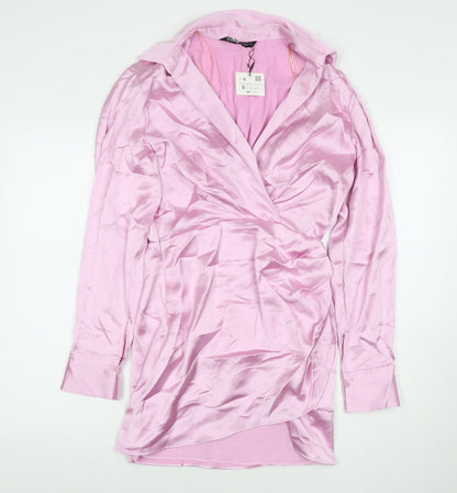 Zara Womens Pink Polyester A-Line Size S Collared Zip