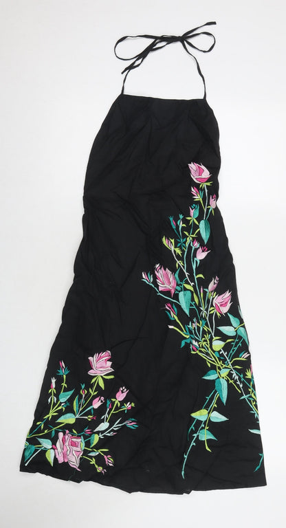 French Connection Womens Black Floral Ramie A-Line Size 6 Halter Zip