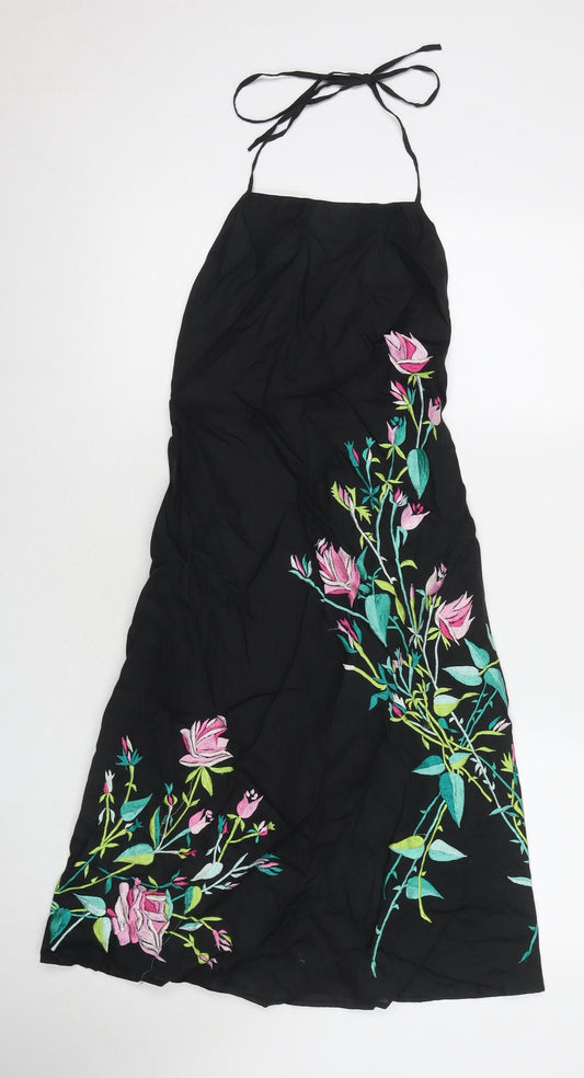 French Connection Womens Black Floral Ramie A-Line Size 6 Halter Zip