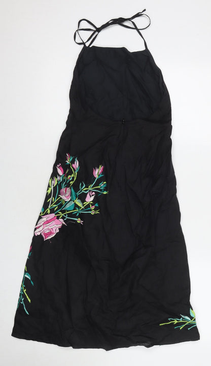 French Connection Womens Black Floral Ramie A-Line Size 6 Halter Zip