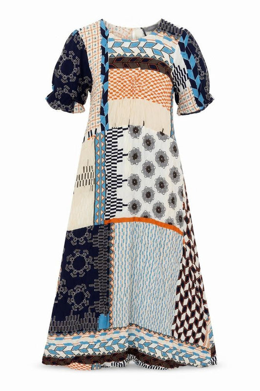 Front view of Principles women’s multicoloured geometric viscose maxi, size UK 8, round neck button