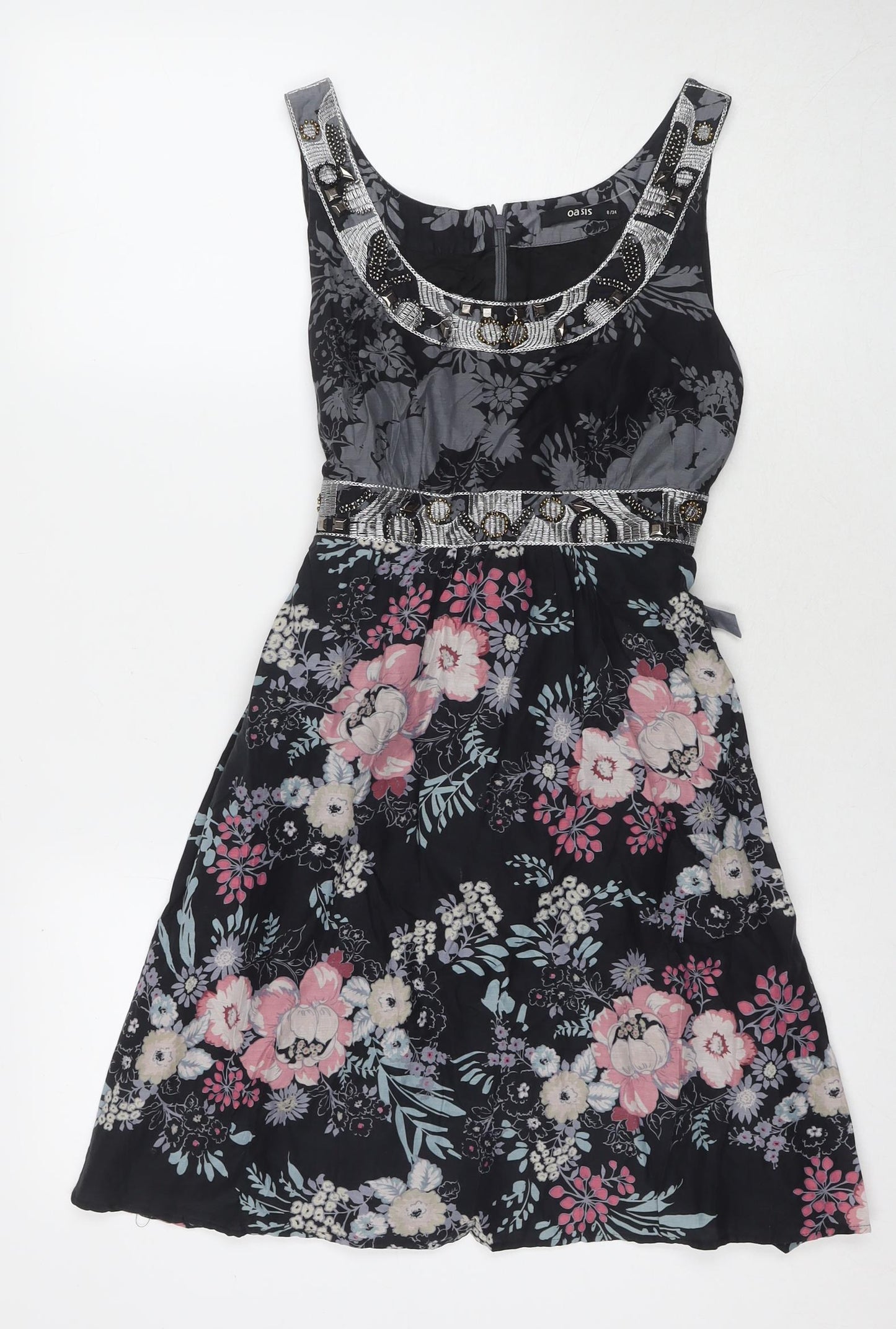 Oasis Womens Black Floral Silk A-Line Size 8 V-Neck Zip