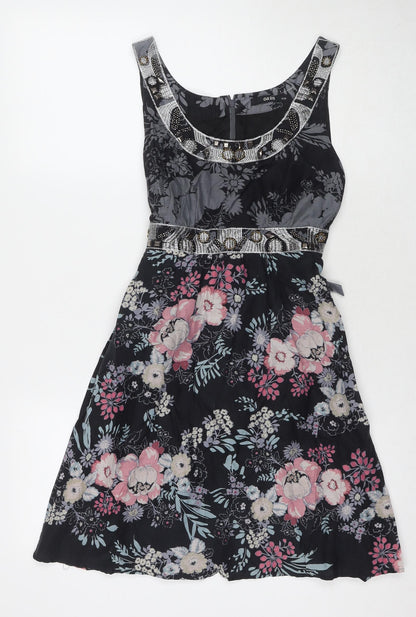 Oasis Womens Black Floral Silk A-Line Size 8 V-Neck Zip
