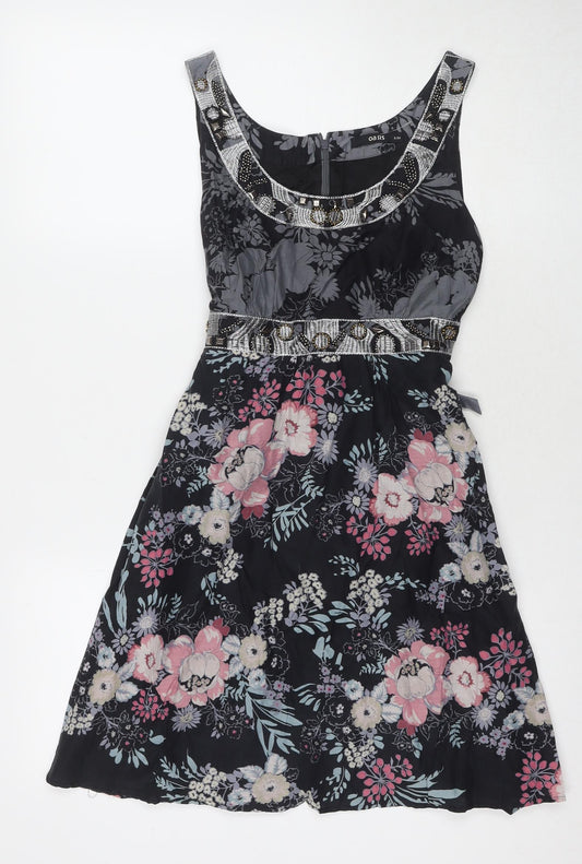 Oasis Womens Black Floral Silk A-Line Size 8 V-Neck Zip