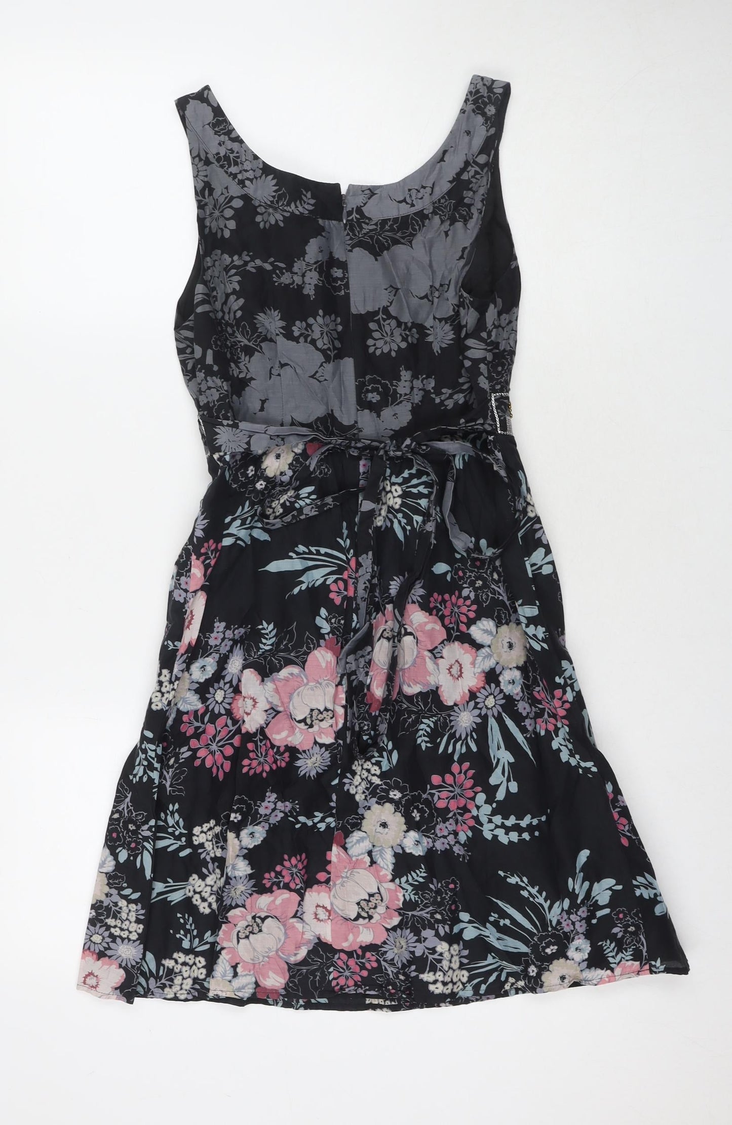 Oasis Womens Black Floral Silk A-Line Size 8 V-Neck Zip