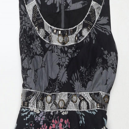 Oasis Womens Black Floral Silk A-Line Size 8 V-Neck Zip