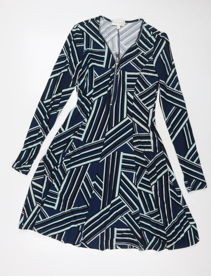 Apricot Womens Blue Geometric Polyester Fit & Flare Size XS V-Neck Pullover