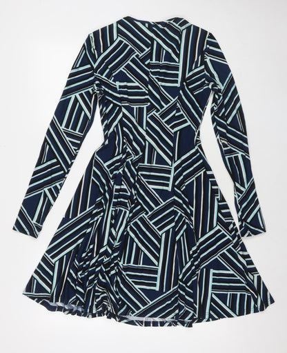 Apricot Womens Blue Geometric Polyester Fit & Flare Size XS V-Neck Pullover
