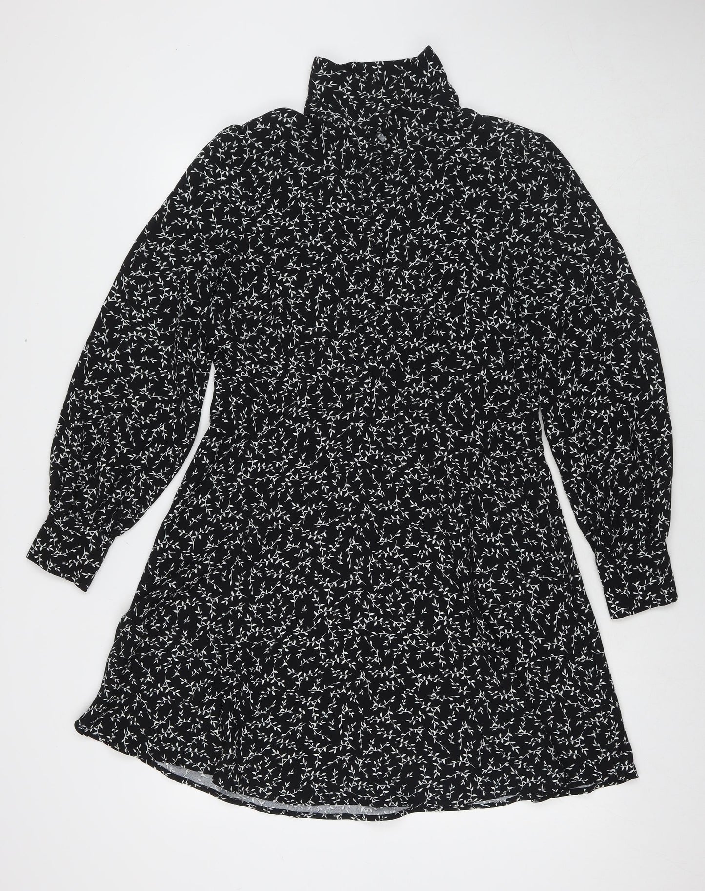 Marks and Spencer Womens Black Floral Polyester Fit & Flare Size 12 Collared Button