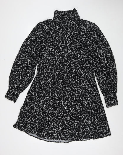 Marks and Spencer Womens Black Floral Polyester Fit & Flare Size 12 Collared Button