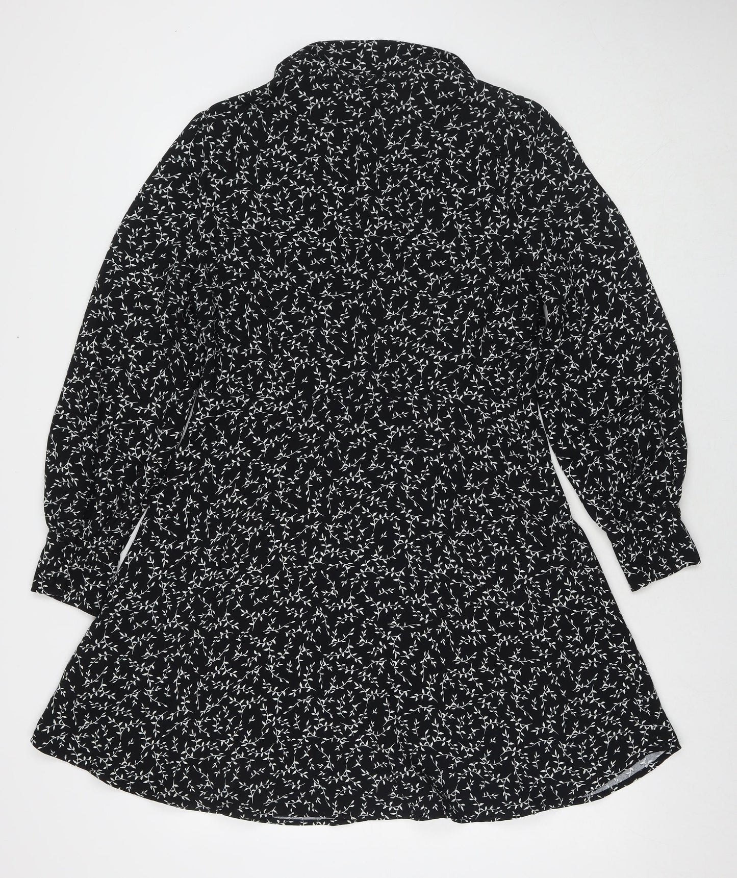 Marks and Spencer Womens Black Floral Polyester Fit & Flare Size 12 Collared Button