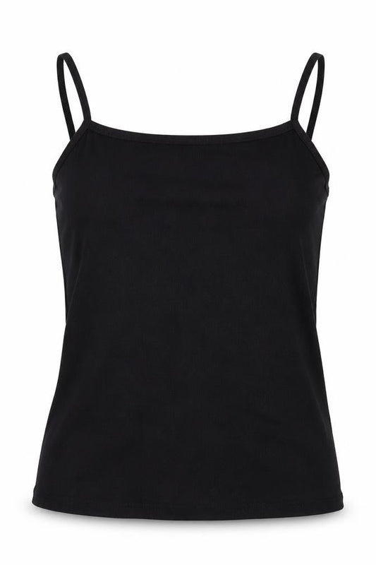 Front view of ASOS women’s black polyester basic tank, size UK 6, round neck